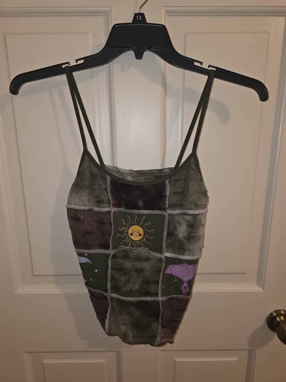 Sun Patchwork Olive Green Spaghetti Strap Tank Top